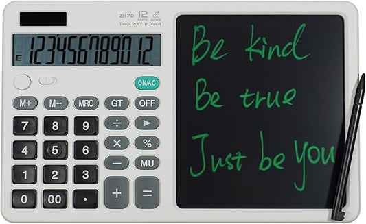 Desk Calculator Large Display with 7'' Erasable Writing Pad, 12 Digits Large Screen Display Jumbo Calculadora, Solar & Battery Powered Big Button Calculators for Business Office School, White