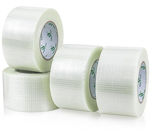 BOMEI PACK Fiber Reinforced Packing Tape 3 inch, Wide Clear Heavy Duty Bi Directional Filament Strapping Tape 3Inch x 55yds 6.7Mil, Total 4Rolls 220yds