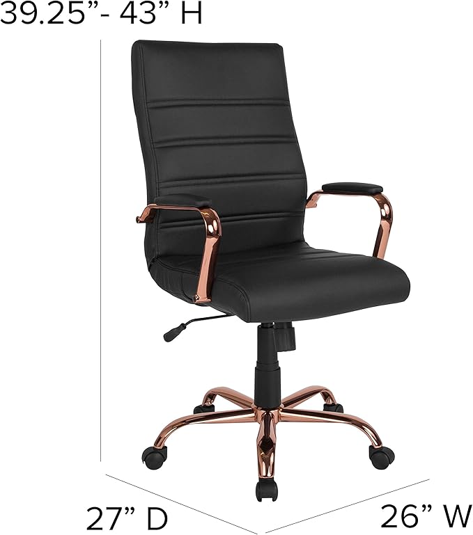 Flash Furniture Whitney High-Back Swivel LeatherSoft Desk Chair with Padded Seat and Armrests, Adjustable Height Padded Office Chair, Black/Rose Gold