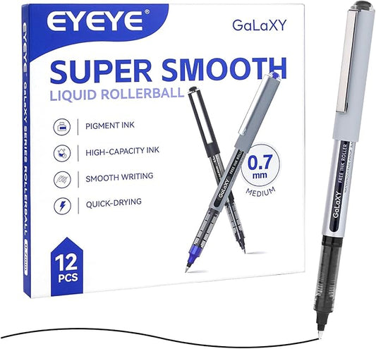 EYEYE Black Rollerball Pens 12 Pack 0.7mm Medium Point Fine Tip Pens Quick Dry Liquid Ink Pens Smooth Writing Pens for Journaling Note Taking Office School Supplies