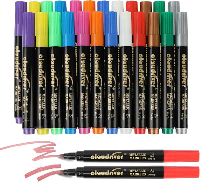 cloudriver Metallic Markers, 24 Count, 12 Assorted Colors, Fine and Chisel Tip, Metallic Marker Pens For Black Paper, Art Rock Painting, Easter Egg, Card Making, Scrapbook Crafts
