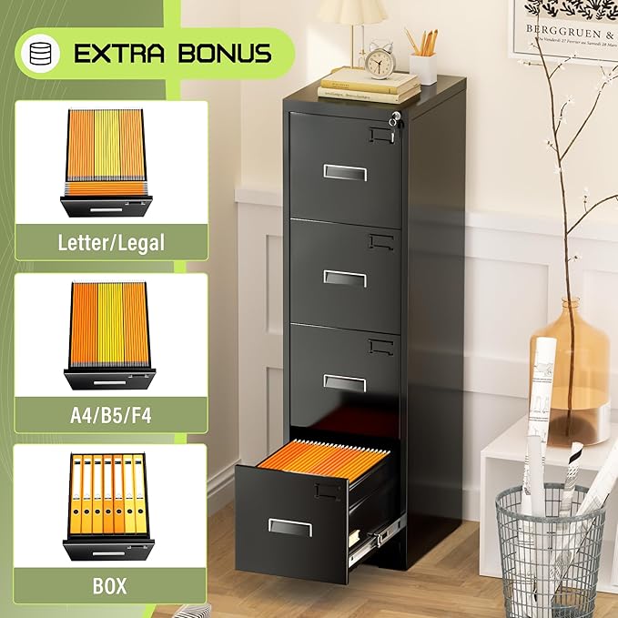 Crownland Lateral File Cabinet with 4 Drawers, 15" W Metal Lockable Office File Cabinets for Home Office- Stores Letter/Legal/A4/F4 Files(Black)