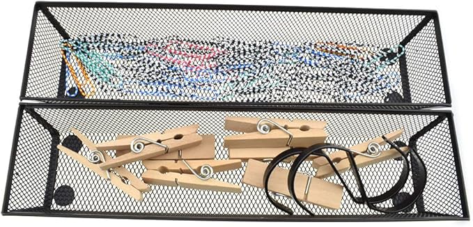 HAHIYO Stackable Mesh Tray Cup 12 x 3 x 2 inches Sturdy Container for Desk Drawer Organizer Collection for Home Office School kitchen Soft Foam Feet No Sharp Edges 2 Pack Black