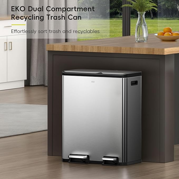 EKO EcoCasa Stainless Steel Dual Step Trash Can for Recycling, 30L+20L Rectangular Kitchen Trash Can, Independent Pedals and Lids, Soft Close and Fingerprint Resistant