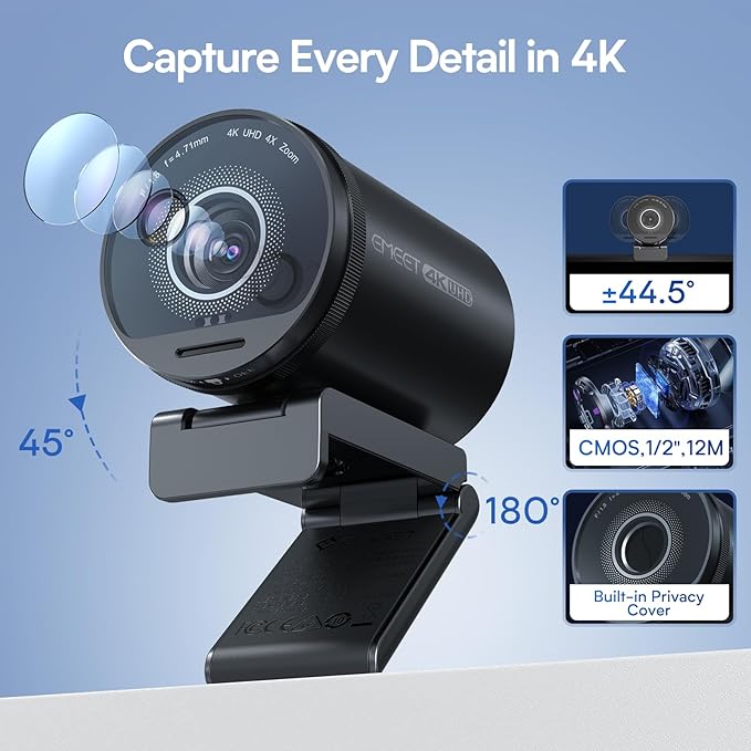 EMEET SmartCam S800-4K Webcam for Streaming, Sony 1/2'' Sensor, Supports HDR, PDAF&TOF Dual-autofocus, 1080P@60fps, 2 Noise-Cancelling Mics, 40°-73° FOV, Perfect for Live Streaming&Online Meetings