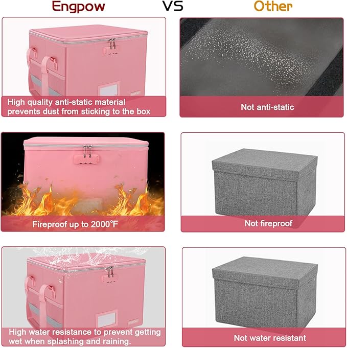 ENGPOW File Box with Lock, Fireproof Document Box with Pockets, Collapsible File Organizer Filing Storage Cabinet with Handle, Portable Home Office Safe for Hanging Letter/Legal Folders, Pink, 2 Pack