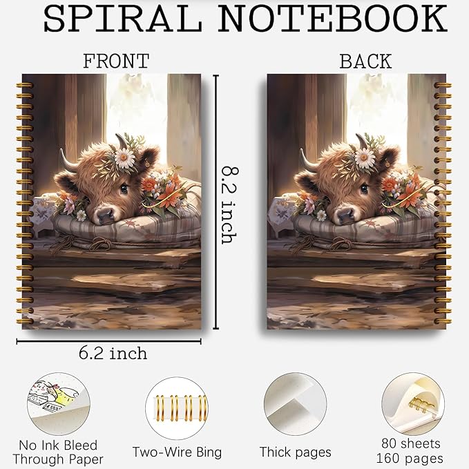 Guymn Highland Cow Notebook, Floral Highland Cow Journal for Writing, Farmhouse Rustic Floral Heifer Hardcover Spiral Notebooks 5.5x8.3 Inch