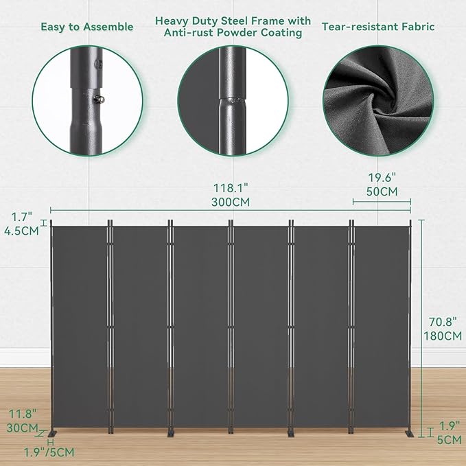 Helios&Hestia 6-Panel 6 ft Tall Indoor Folding Room Divider, Portable Privacy Screen, Freestanding Partition Separator, Temporary Wall Separation for Bedroom, Office, 120" W X 71" H, Dark Grey