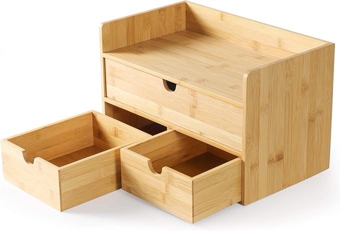 Desk Organizer with Drawers - Bamboo Desktop Organizers Storage | Wood Makeup Organizer for Bills, Office Supplies, Cosmetics, Seals, Kitchen Utensils, No Assembly Required