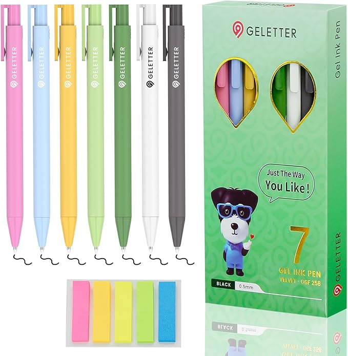 Gel Pens, 7Pcs 0.5mm Black Fine Point Pens, Retractable Built-in Sturdy Clip, Quick-Dry Ink, Ideal Gift for Journaling and Note-Taking Enthusiasts, Free Sticky Notes (Macaron)