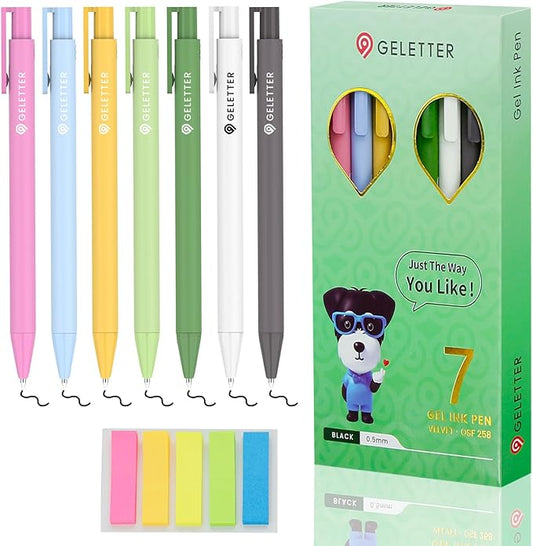 Gel Pens, 7Pcs 0.5mm Black Fine Point Pens, Retractable Built-in Sturdy Clip, Quick-Dry Ink, Ideal Gift for Journaling and Note-Taking Enthusiasts, Free Sticky Notes (Macaron)