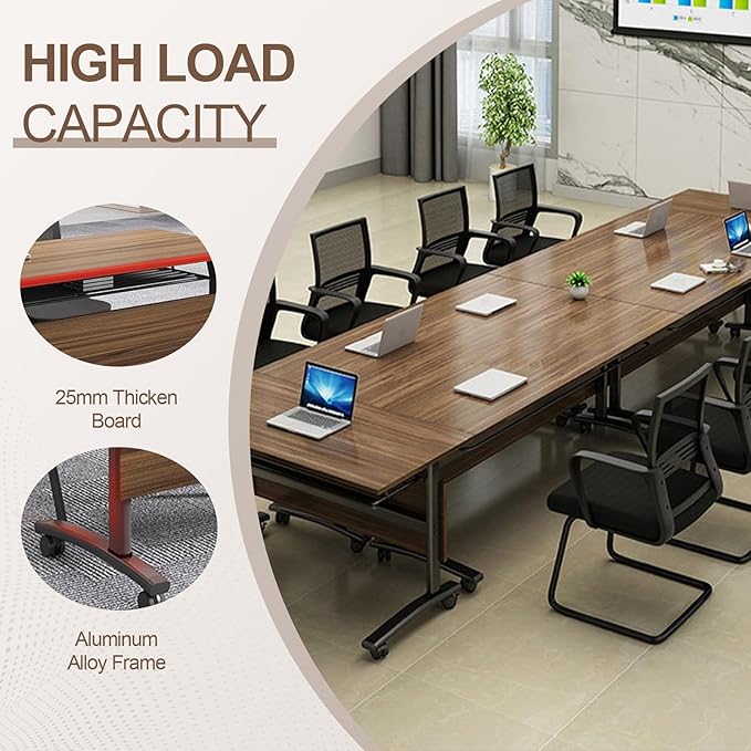 Folding Conference Room Table, Modern Conference Tables with Wheels, Large Rectangular Mobile Training Tables for Office Classroom, Foldable Modular Boardroom Seminar Table Walnut (4pack L70.9in)