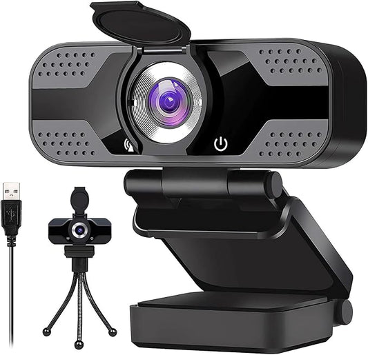 Full HD 1080p Webcam with Privacy Shutter and Tripod, Video and Wide Angle Camera, Built-in Mic, Widescreen USB Computer Camera for Laptop Desktop