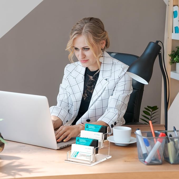 HIIMIEI Acrylic Business Card Display, Multiple Card Holder for Office, Home, Restaurant - 4 Slot 4 Tier