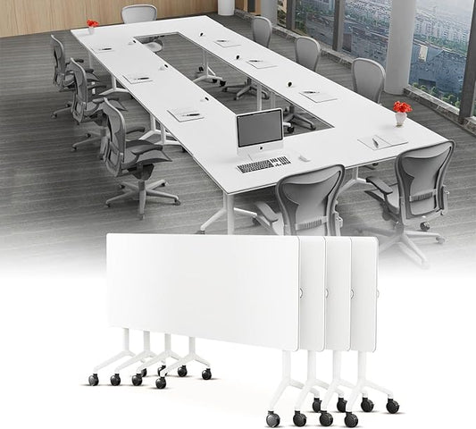 Conference Table, Folding Conference Desk Modern White, Seminar Table with Wheels, 2-10 People for Office, Meeting Break Room (4, 1915, 55IN)