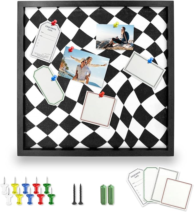 Cork Bulletin Board with Decorative Black and White Linen – 20x20 Inch Square Pin Board for Walls, Girls Vision Board for Organizing Notes, Photos & Reminders, Perfect for Office & Home