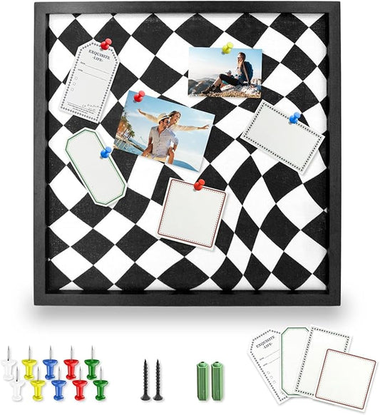 Cork Bulletin Board with Decorative Black and White Linen – 20x20 Inch Square Pin Board for Walls, Girls Vision Board for Organizing Notes, Photos & Reminders, Perfect for Office & Home