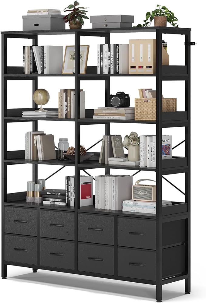 Bookshelf with 8 Fabric Drawers, 7-Tier Bookcase with Baffles Display Shelves, Industrial Large Book Shelf for Living Room Home Office, Black