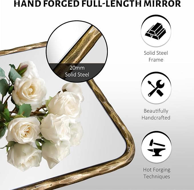BEGINS 18" x 48" Hand-Forged Vintage Full-Length Mirror, Wall-Leaning or Wall-Mounted Design, 20mm Solid Steel Frame, 9mm Anti-Corrosion Back Panel, Suitable for Bedroom or Cloakroom