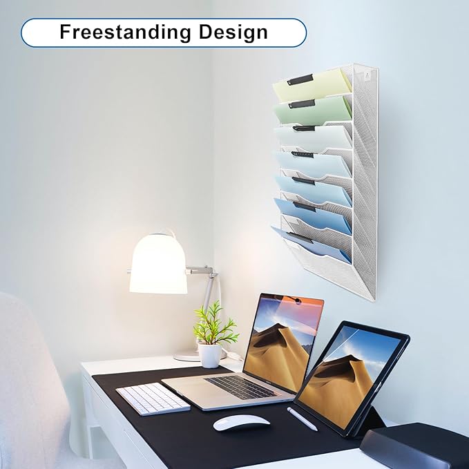 EASEPRES 8 Pocket Mesh Hanging Wall File Organizer, Wall Mounted Mail Paper Document Folder Holder, Clipboard Storage Organization Magazine Rack with Nametag Label for Office Home School, White