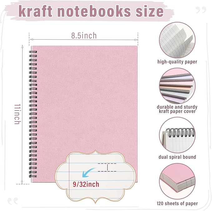 Glenmal 6 Pcs Spiral Notebook for Work A4 8.5 x 11'' College Ruled Spiral Journal Notebook Kraft Cover Ruled Paper, 120 Sheets 240 Pages for Office Study Supplies(Dreamy Colors)