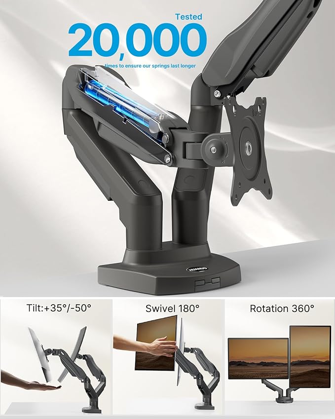 HUANUO Dual Monitor Stand - Full Adjustable Monitor Desk Mount Swivel Vesa Bracket with C Clamp, Grommet Mounting Base for 13 to 32 Inch Computer Screens - Each Arm Holds 4.4 to 19.8lbs -Grey