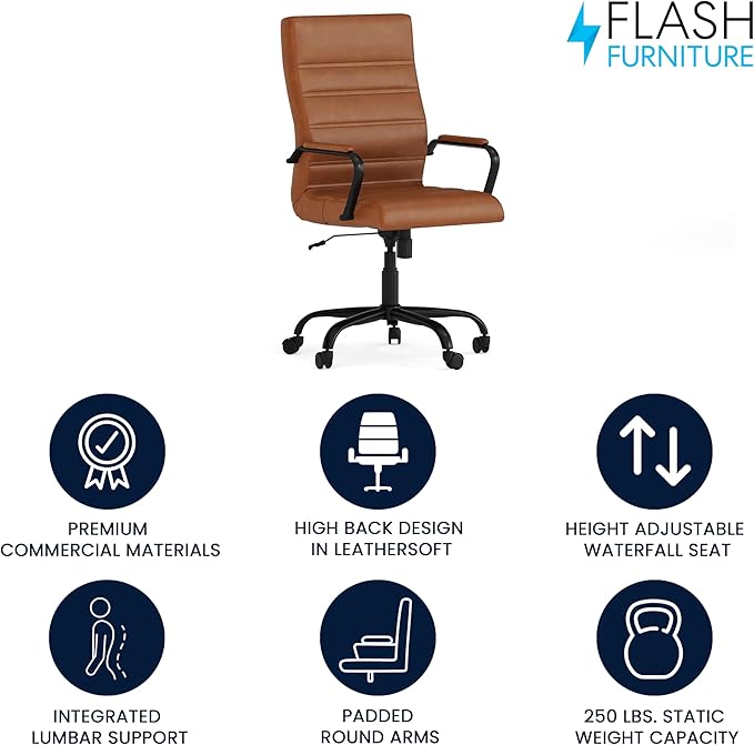 Flash Furniture Whitney High-Back Swivel LeatherSoft Desk Chair with Padded Seat and Armrests, Adjustable Height Padded LeatherSoft Office Chair, Brown/Black Gold