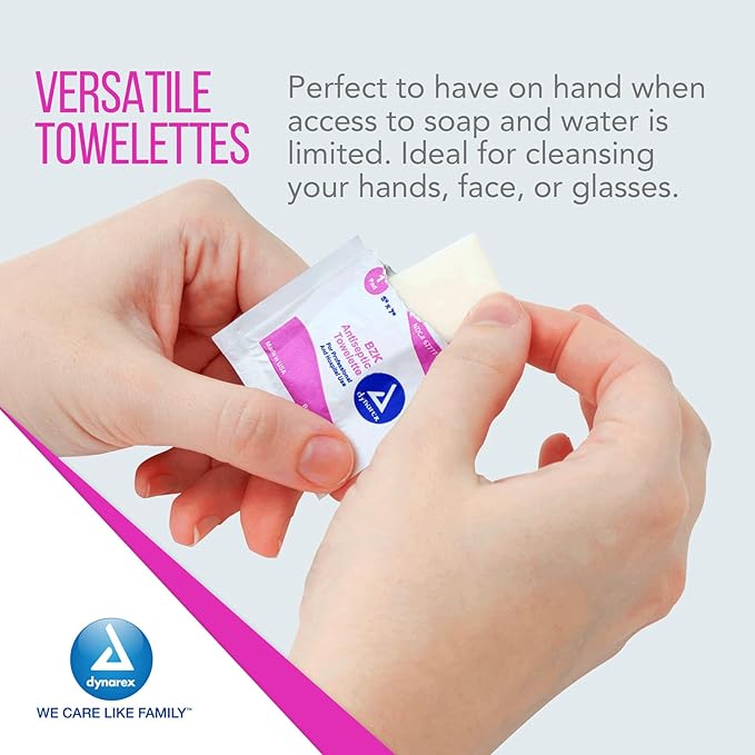 Dynarex BZK Antiseptic Towelettes, 5" x 7", Disposable and Premoistened, Individually Wrapped, 1 Case | 10 Boxes of 100 Dynarex BZK Antiseptic Towelettes (Packaging May Vary)