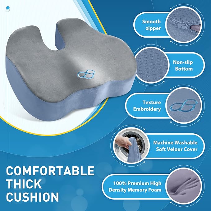 BlissTrends Seat Cushion,Thick Memory Foam Cushions for Office Chair, Car Seat, Airplane, Relieving Pressure Tailbone Sciatica Back Pain for Office Workers, Car Drivers 4.7in Thick Dark Grey&Blue