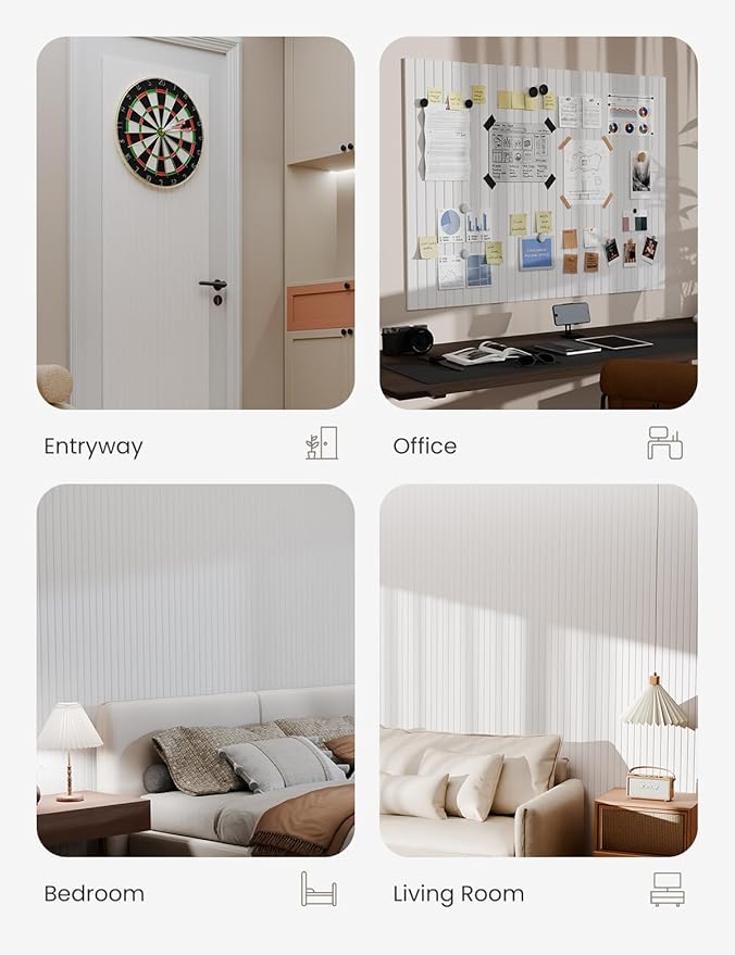 Bumusty Large Cork Board Alternative-47 x35 Felt Bulletin Board Tiles, with 30 Pushpins, 70 Adhesive Tabs, 12-Pack Slat Wall Paneling, Cork Boards for Office Push Pin Board Felt Board-Milky White