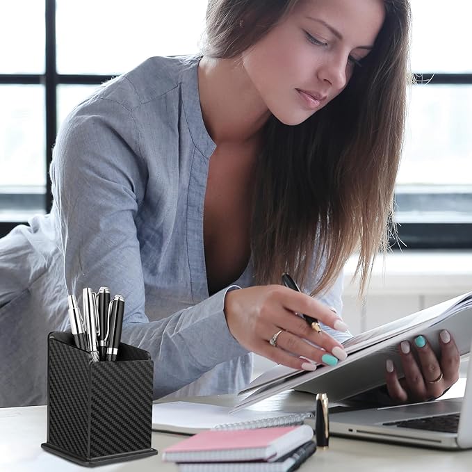 Carbon Fiber Black Pen Holder Cup for Desk, Black Pencil Cup Holder for Desk Office Pen Organizer,Modern Minimalist Pen Holder,Matte Black