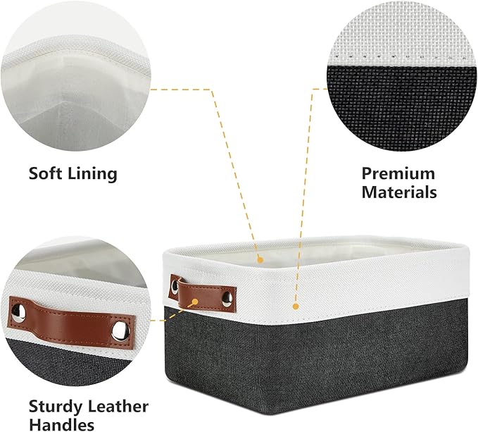 DULLEMELO Small Storage Baskets 6 Pack, Fabric Collapsible Gift Storage Baskets for Shelves, Closets, Nursery, Home, Office Organizing,Small Canvas Linen Rectangular Storage Bins (White&Black)