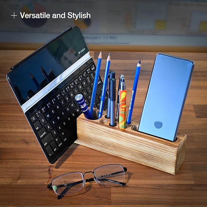 Hoffenwell Wooden Desk Organizer with Phone Holder – Stylish & Functional Book, Pen and Cell Phone Charging Stand - Solid Wood Pen Holder for Desk
