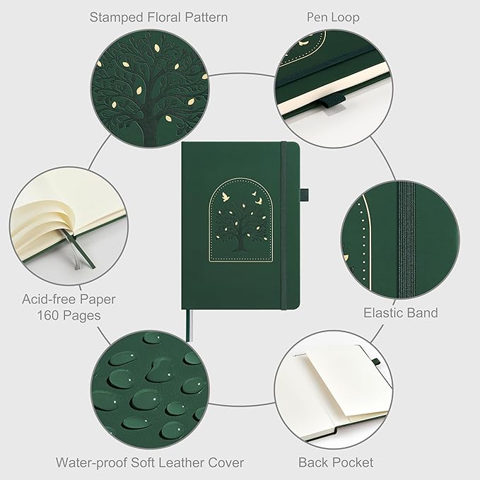 &And Per Se Dotted Journal Notebook for Women&Men with Pattern, A5 Leather Hardcover, 160 Pages 100GSM Thick Dotted Paper, 3 Sheets of Stickers Included(Dark Green)