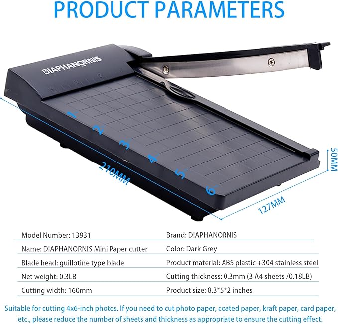 Guillotine Paper Trimmer, Mini Compact Paper Cutter, 1/4-Inch Grid for Precision Cutting, Straight Cuts Up to 3 Sheets, Perfect for Photos,Coupons,Card Making and Small Craft Projects (Grey)