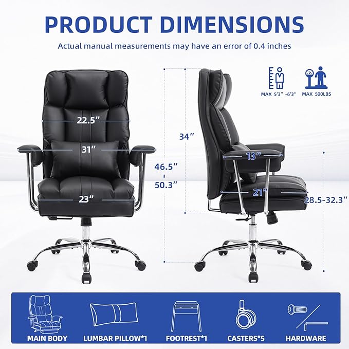 Big and Tall Office Chair 500lbs Wide Seat Executive Office Desk Chair High-Back Office Task Chair, Ergonomic Lumbar Support Computer Office Chairs for Heavy People(Black)