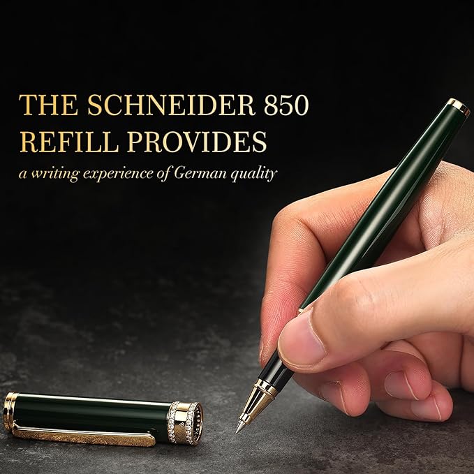 BEILUNER Green Lacquer Rollerball Pen, Diamond-Studded Cap Design, 24K Gold Trim, Noble and Elegant, Schneider Ink Refill, Best Pen Gift Set for Women & Men, Professional, Business Office, Nice Pens