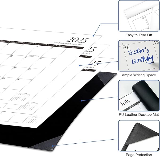 Gannyfer Large Desk Calendar 2025-2026 with Mat - 18 Month Table Calendar, 22" x 17" Desktop Pad Calendar for Planning and Organizing in Your Family, School or Office - Black