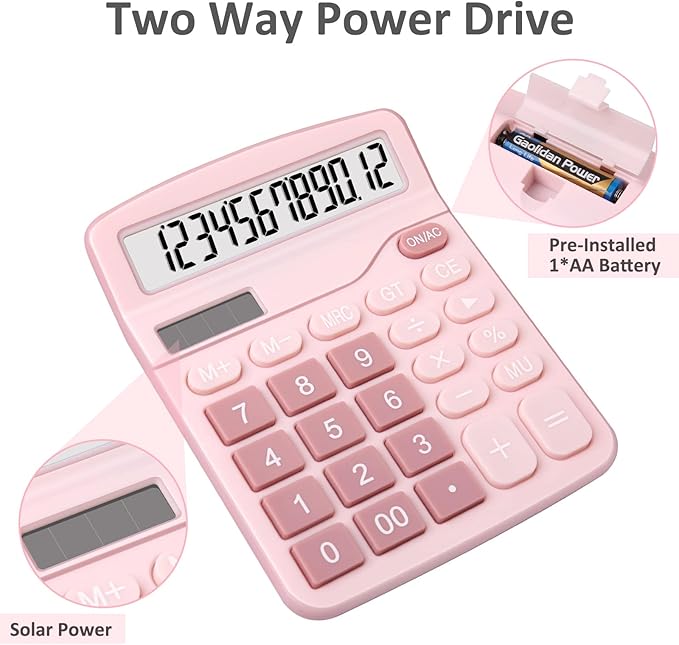 Calculators, Splaks 2 Pack Standard Functional Desktop Calculators Sola and AA Battery Dual Power Electronic Basic Calculator with 12-Digit Large Display for Office, Home, School (1 Blue & 1 Pink)