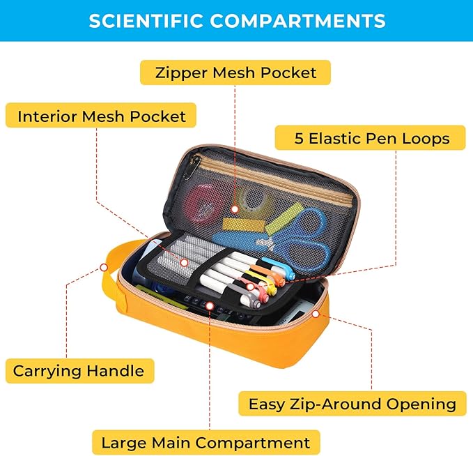 ECHSRT Big Pencil Case, Aesthetic Portable Zipper Pencil Bag with Hidden Pocket, Special Pouch for Men Women Adults, Stationery Organizer Pen Cases for Office Travel, Yellow