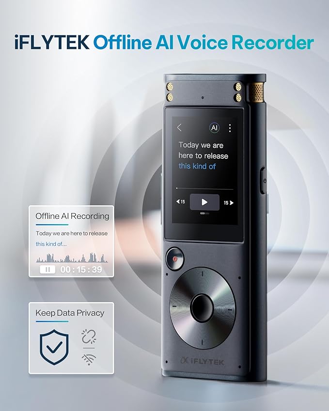 iFLYTEK Offline Voice Recorder with Playback, Secure Digital Recorder with AI Transcription, 5-Language Voice-to-Text, Noise Reduction, AI Voice Recorder for Meetings, Interviews, Learning (Renewed)