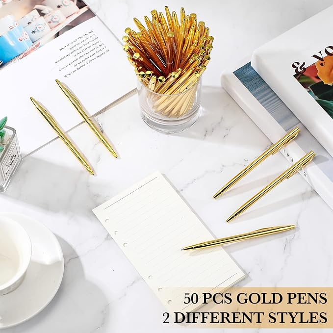 Fuutreo 50 Pack Wedding Gold Pens Bulk Gold Metal Pens Slim Ballpoint Retractable Ballpoint with Black Ink Mini Conical for Wedding Favors Guests, Office Business Teachers,1.0 mm