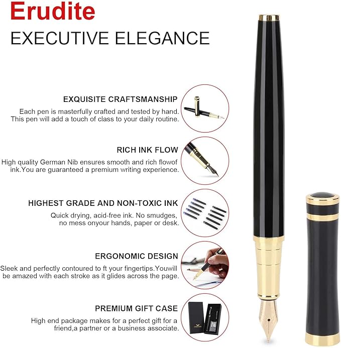 Cheericome Fountain Pen - Ink Pen for Smooth Writing - Exquisite Fountain pen gift set for Men & Women - Fountain Pen Fine Nib，Includes 10 Ink Cartridges and Ink Refill Converter - Black