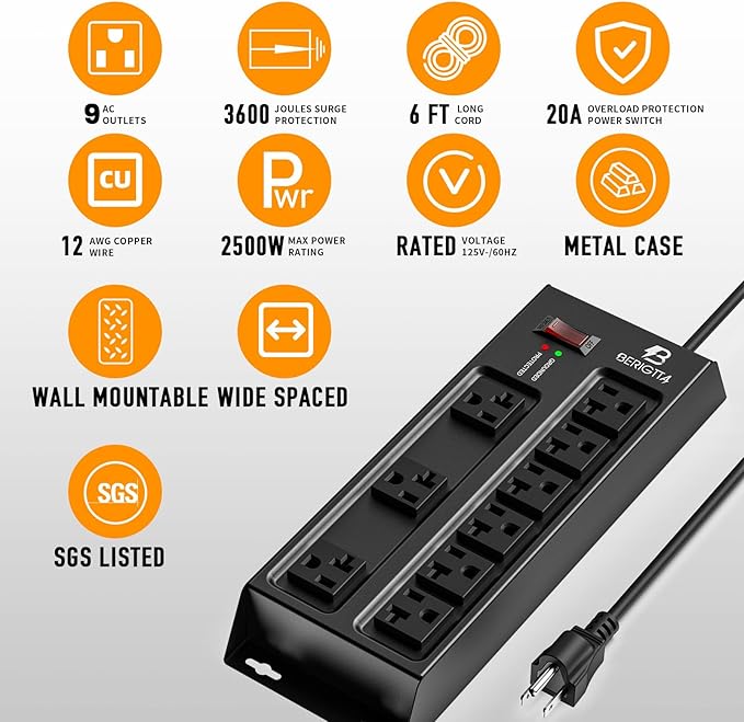 Heavy Duty Metal Power Strip, 20 AMP Surge Protector with 9 Outlets, 12 Gauge Industrial Strength for Shop & Garage Use, 6 FT Extension Cord Included, Durable T-Slot Design (6FT)