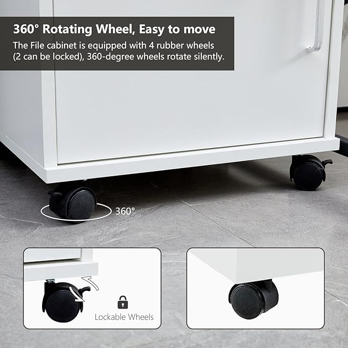 CLIPOP Rolling Storage Cabinet with Drawer, Home Office Cabinet with Lock, Under Desk Storage Cabinet for Home Office (White)