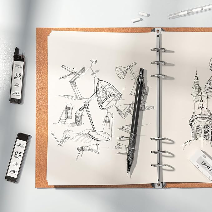 Four Candies 2PCS Metal Mechanical Pencils Set with Case, 0.5mm & 0.7 mm Artist Pencil with 6 Tubes (360PCS) HB Lead Refills, 3 Erasers,9 Eraser Refills For Writing Drafting, Drawing, Black