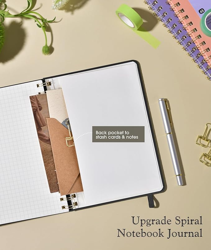 Graph Spiral Journal Notebook, A5 Hardcover Spiral Journals for Women Men, 100 GSM Graph Paper Notebooks, 150 Pages Spiral Bound Grid Notebook for Writing Note Taking Work 5.75" x 8.38" Black