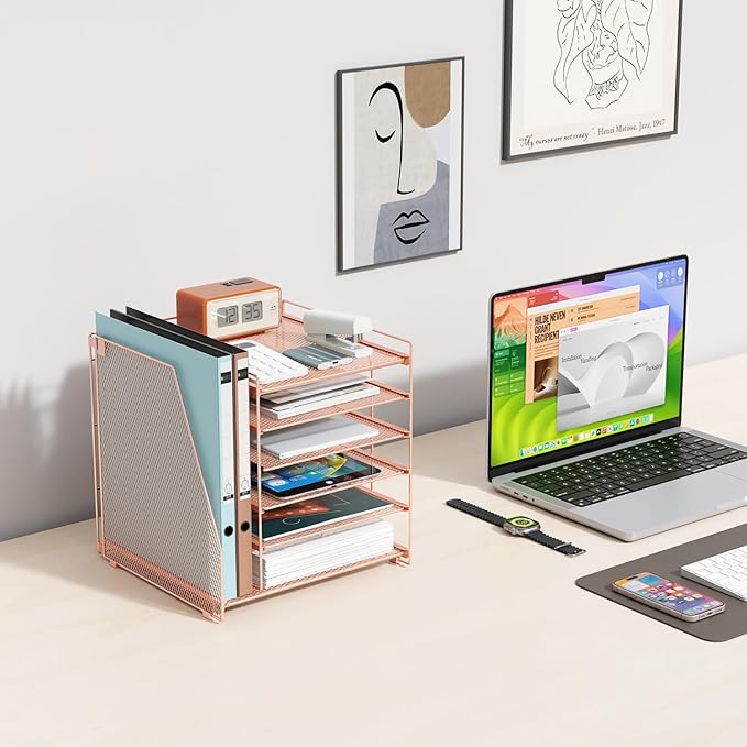 Gianotter Desk Organizer for Women, 6-Tier Paper Organizer with Magazine Rack, Office Desk Decor, Office Supplies (Rose Gold)