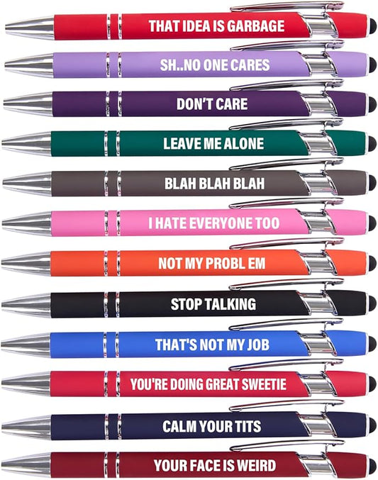 Funny Pens, 12 Pcs Pens Fine Point Smooth Writing Pens, Sarcastic Ballpoint Pens with Screens Touch Stylus Tips, Black Ink 1.0 Mm Snarky Pens, Gift Office Desk Accessories