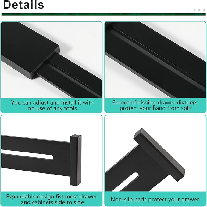 FJO 4 Pack Adjustable Bamboo Drawer Dividers - 11.8" - 17" Expandable Drawer Separators for Kitchen, Utensils, Clothes, Bedroom, Dresser, Bathroom (Black)